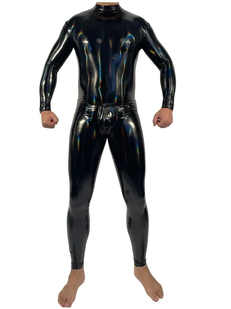 M-4XL Mens Laser Colorful Wet Look Catsuit Shiny PU Leather Bodysuit Tights Cosplay Leotard Conjoined Unitard Jumpsuit Shapers