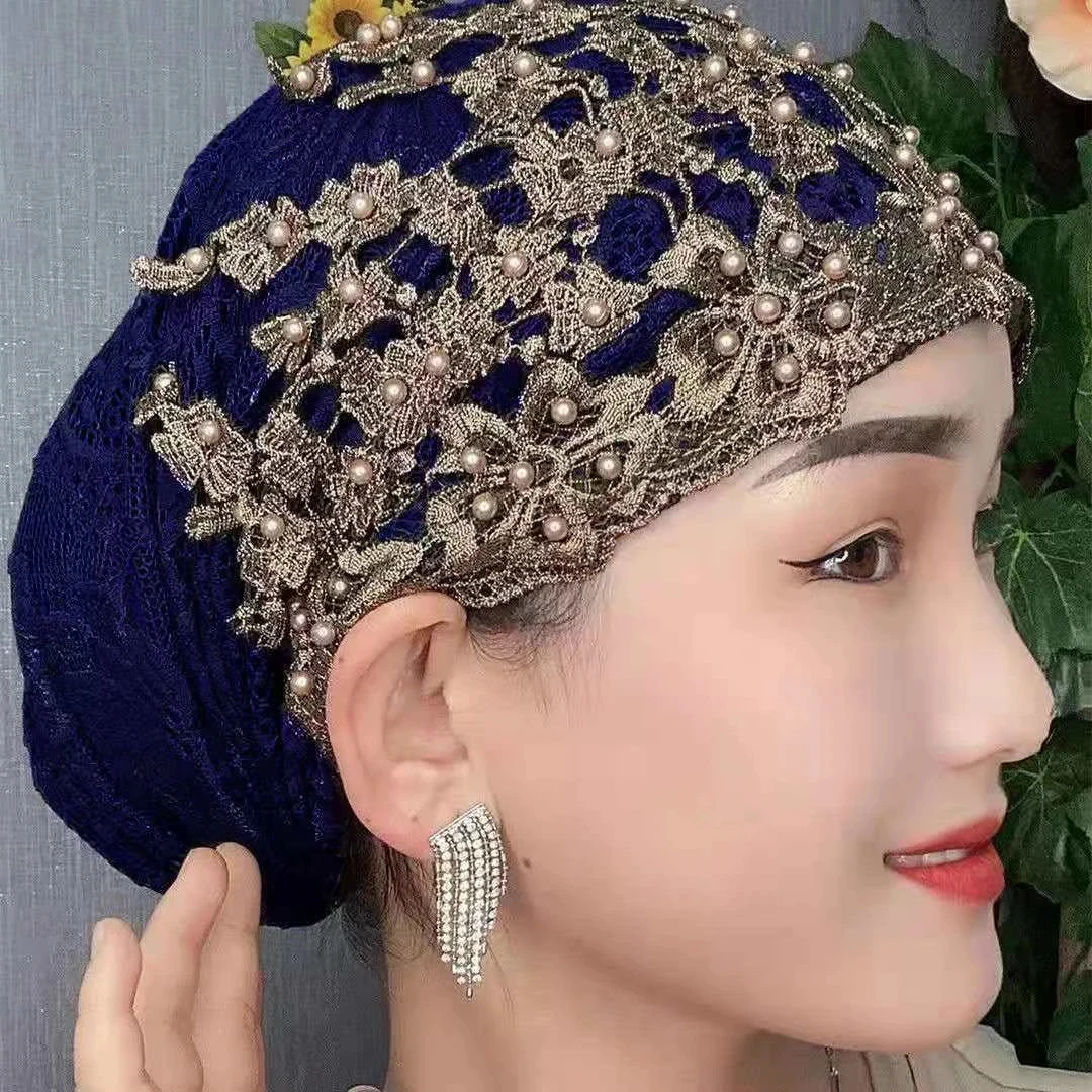 Cappello turbante con perline in pizzo cappello da donna musulmano con foulard pronto da indossare hijab interni traspiranti berretto estivo da donna