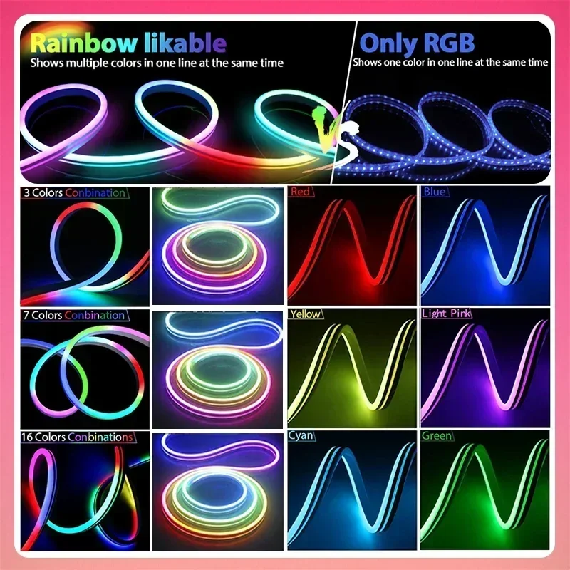 Neon LED Strip Lights 12-24V 84LEDs/M WIFI Neon Rope Light with Music Sync RGBIC Dreamcolor Chasing Strip Tape for Room