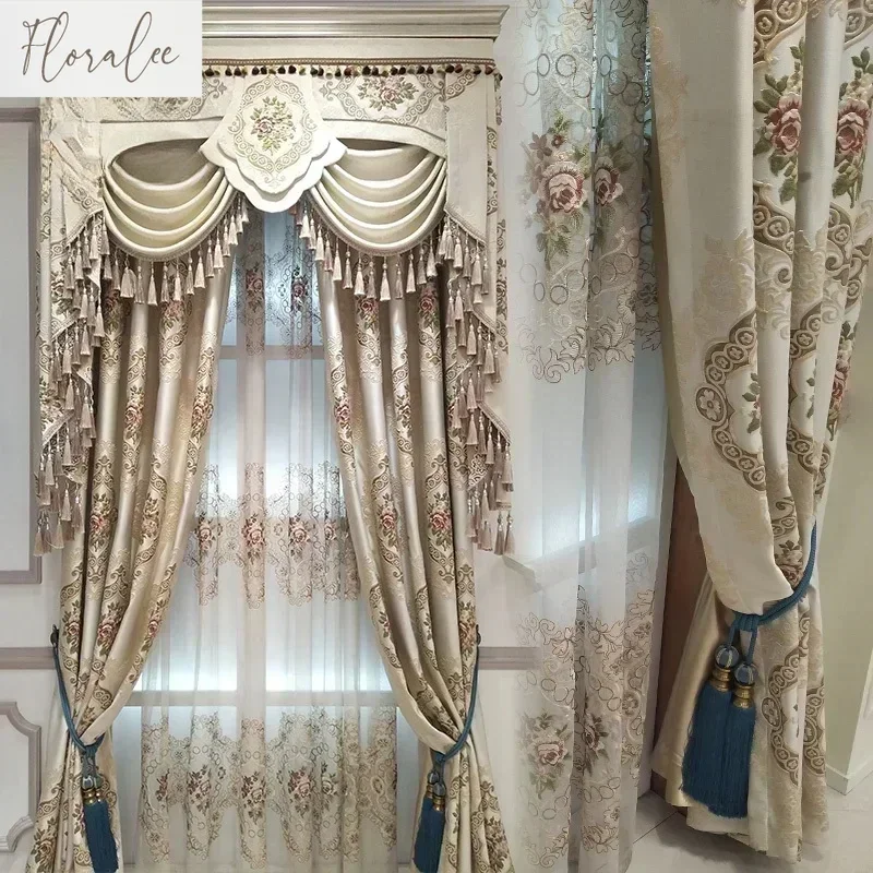 

Luxurious European Style Curtains for Living Room Bedroom Blackout Embossed Jacquard Curtains High-end Customization Tulle Yarn