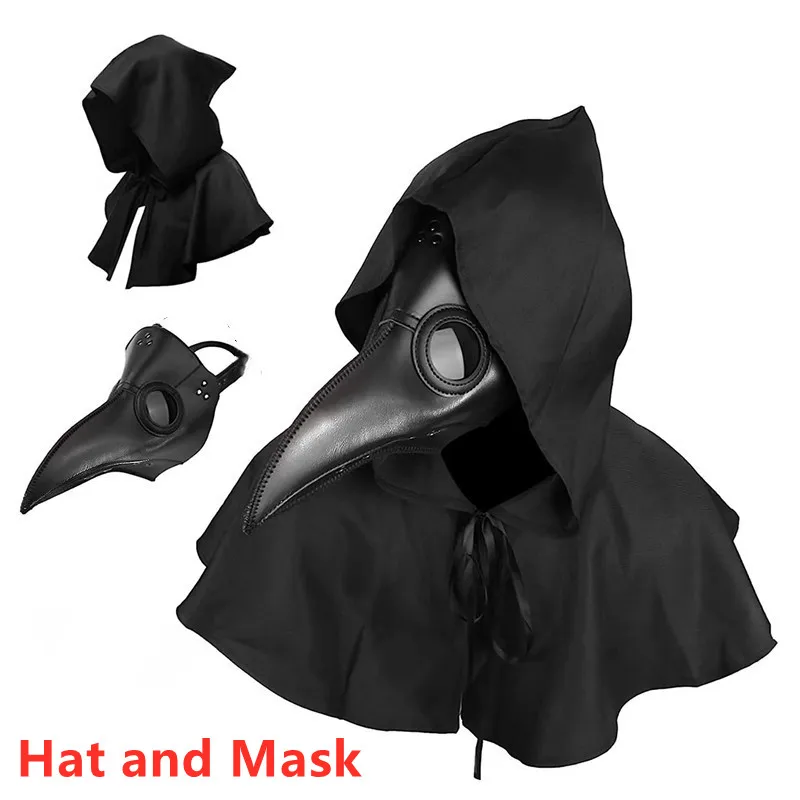 Halloween-Kostüm-Requisiten, Pestdoktor-Maske und Umhang, langer Nase, Schnabel, Ledermasken für Erwachsene, Reaper-Umhang, mittelalterlicher schwarzer Hut