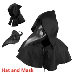 Halloween Costume Props Plague Doctor Mask and Cloak Long Nose Beak Leather Masks for Adult Reaper Cloak Medieval Black Hat
