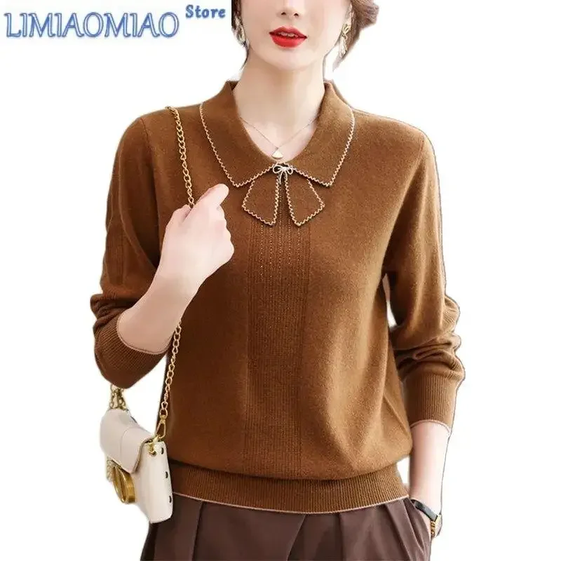 

High-End Mom Joker Knitwear Spring And Autumn New Short Middle-Aged Woman Covered With Meat And Slim Bottoming Pullover Sweater
