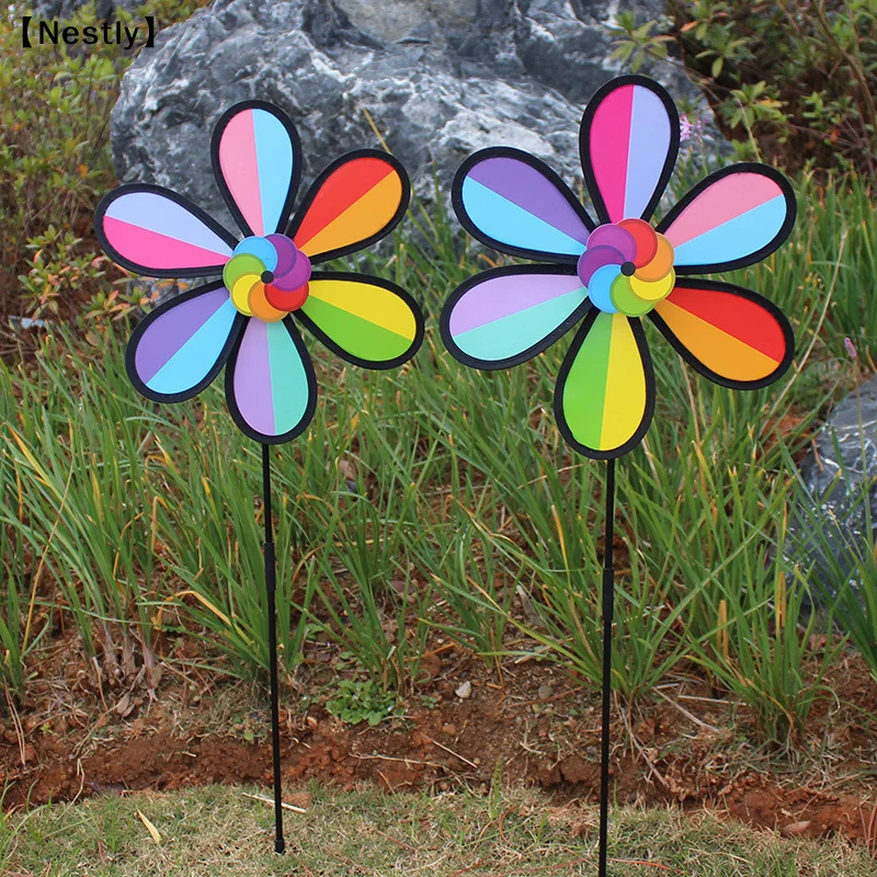 Outdoor Rainbow Six Color Windmill With Black Edge Stake Standing Lawn Flower Pinwheel Outdoor Garden Yard Picnic Decor〔Nest〕