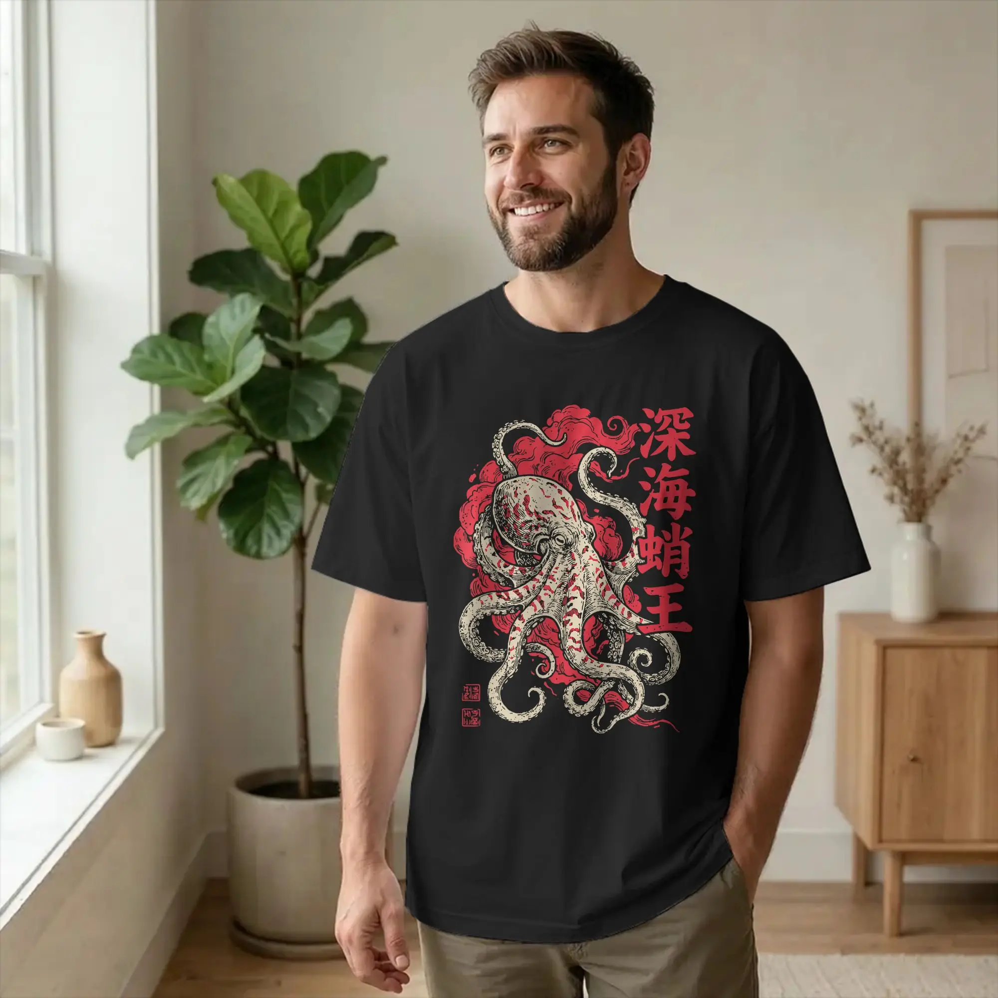 Funny Octopuses Japanese Kraken T Shirt Men Cotton Casual T-Shirt O Neck Sea Monster Tee Shirt Short Sleeve Clothing Printing