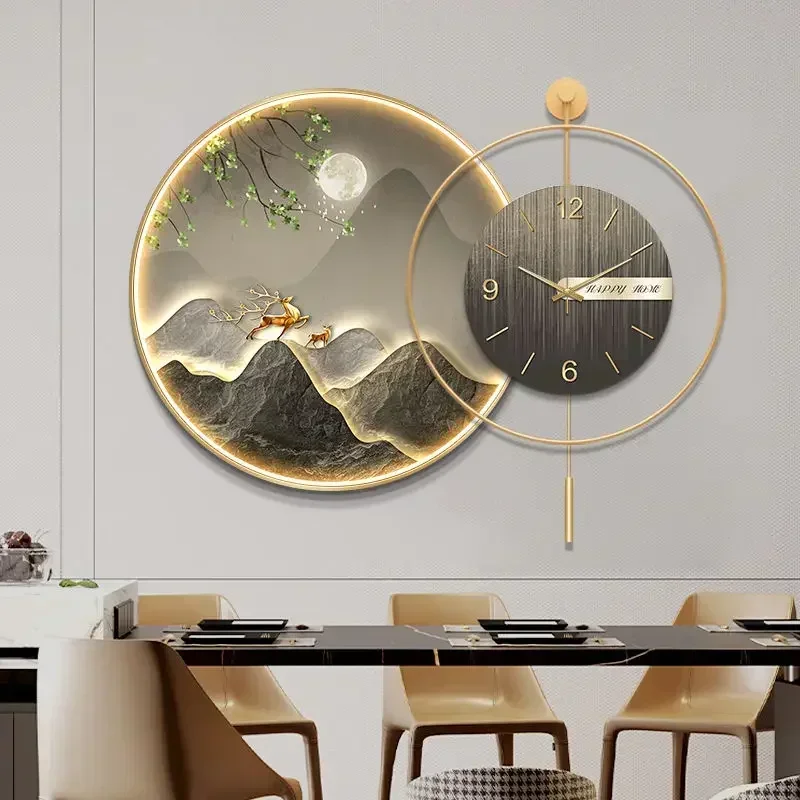 Decorative painting LED light painting circular hanging painting creative living room hanging clock silent clock wall decoration