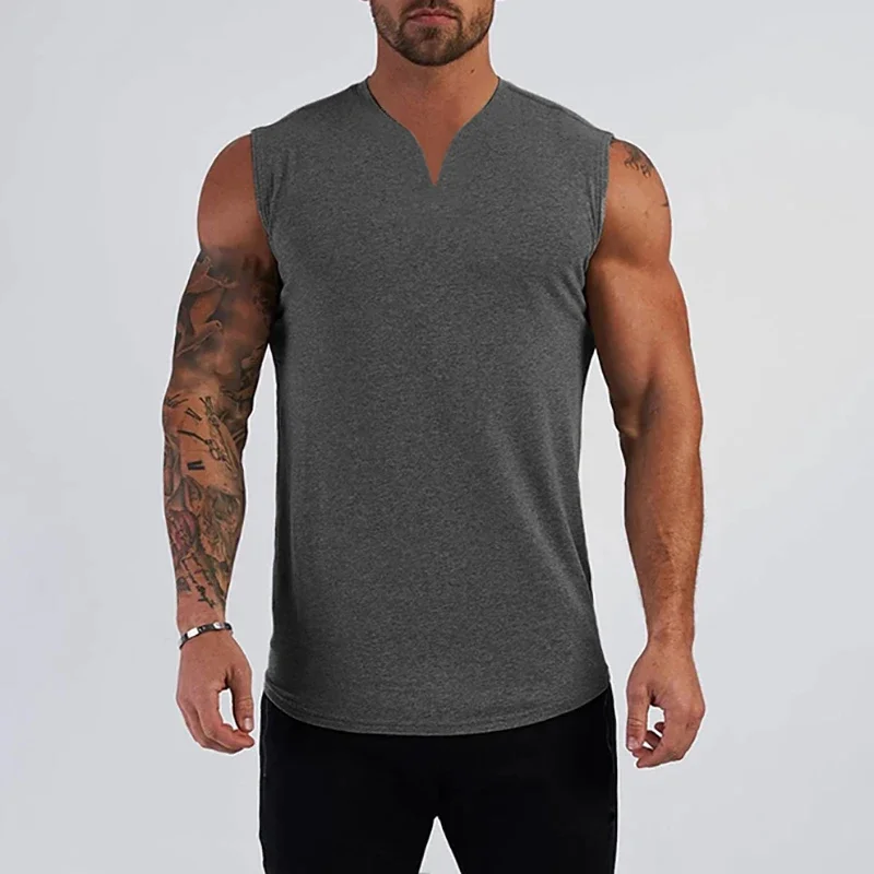 Camiseta de algodón lisa con cuello en V para hombre, chaleco muscular de verano, ropa de gimnasio, Camisa sin mangas de culturismo, camisetas deportivas de entrenamiento