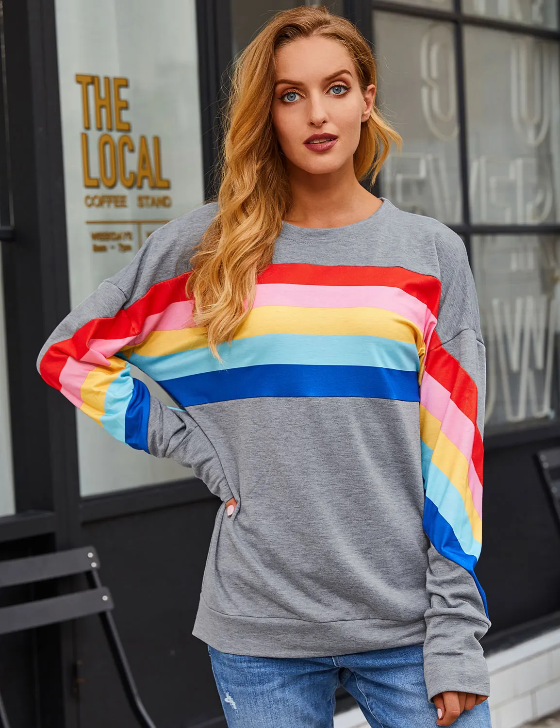 Women's Autumn and Winter Rainbow Striped Sweatshirt Casual Fashion Korean Long Sleeve Pullover Sweatshirt