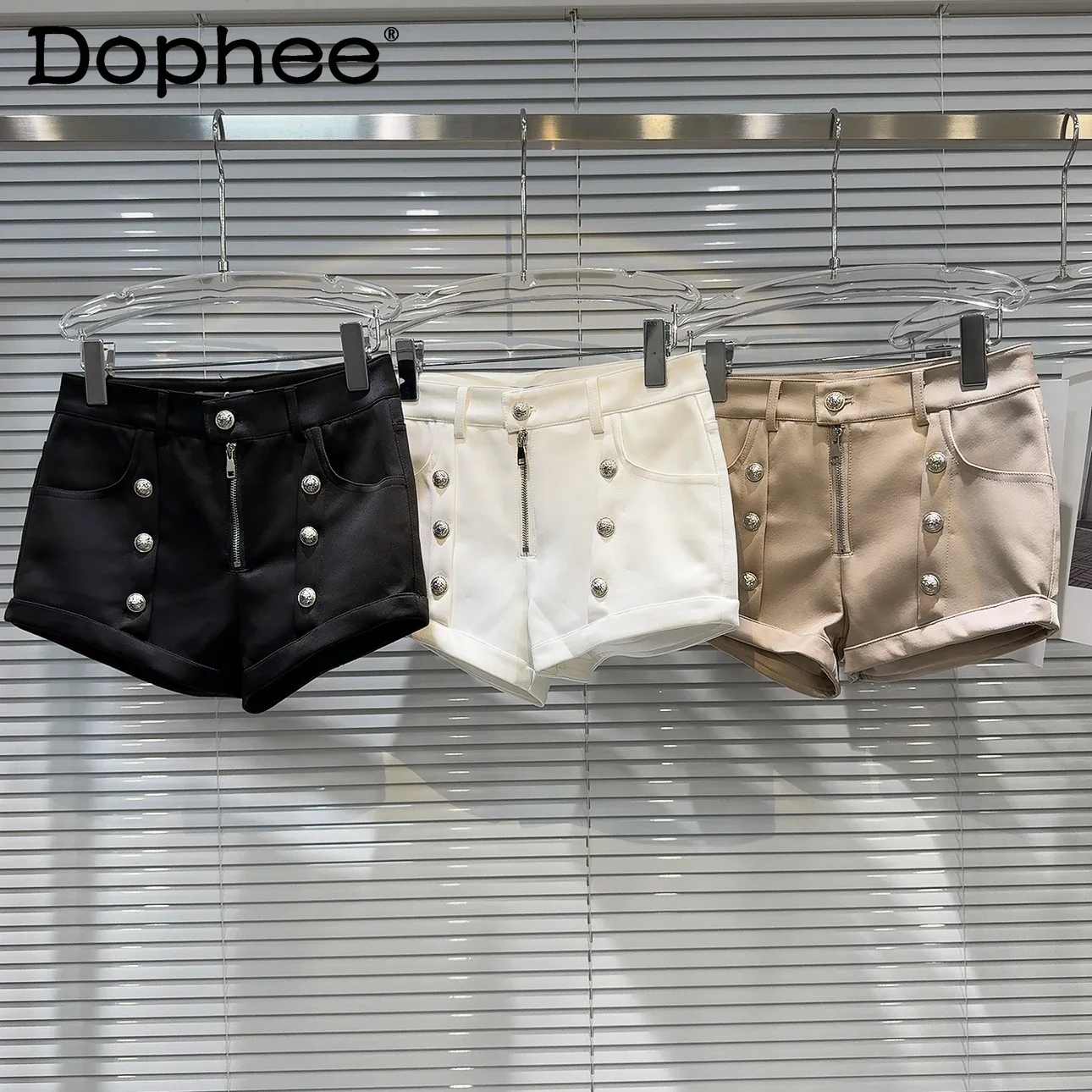 Double-breasted Metal Buckle Solid Color Acetate Cotton Shorts 2024 Autumn New Solid Color Three-point Shorts Women Booty Shorts