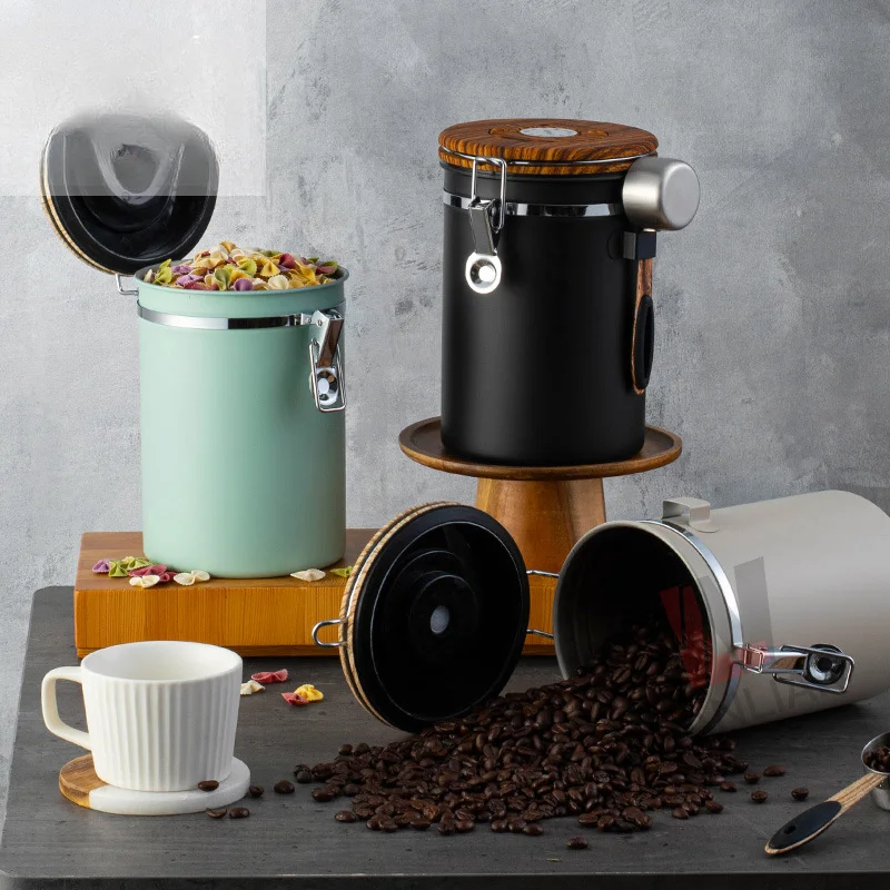 

Coffee Bean Storage Tank Stainless Steel Kitchen Sealed Jar Tea Powder Storage Jar with Timetable Exhaust Valve Storage Jars