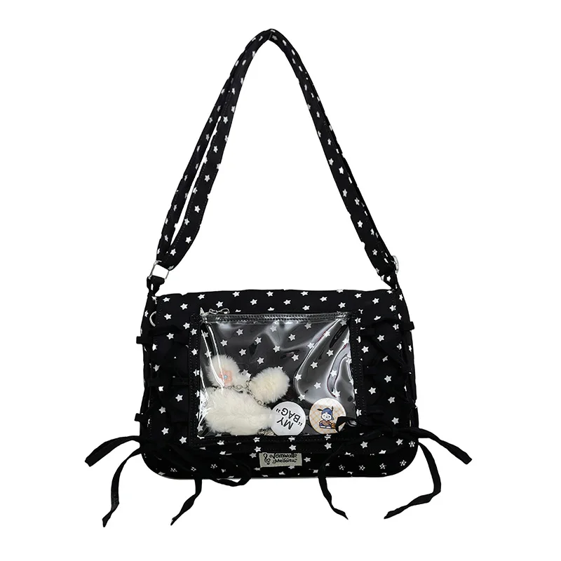 

Student Casual Crossbody Bag New Japan Style Silk Ribbon Flap Women Shoulder Bag Large Capacity Bow Transparent Pain Bag