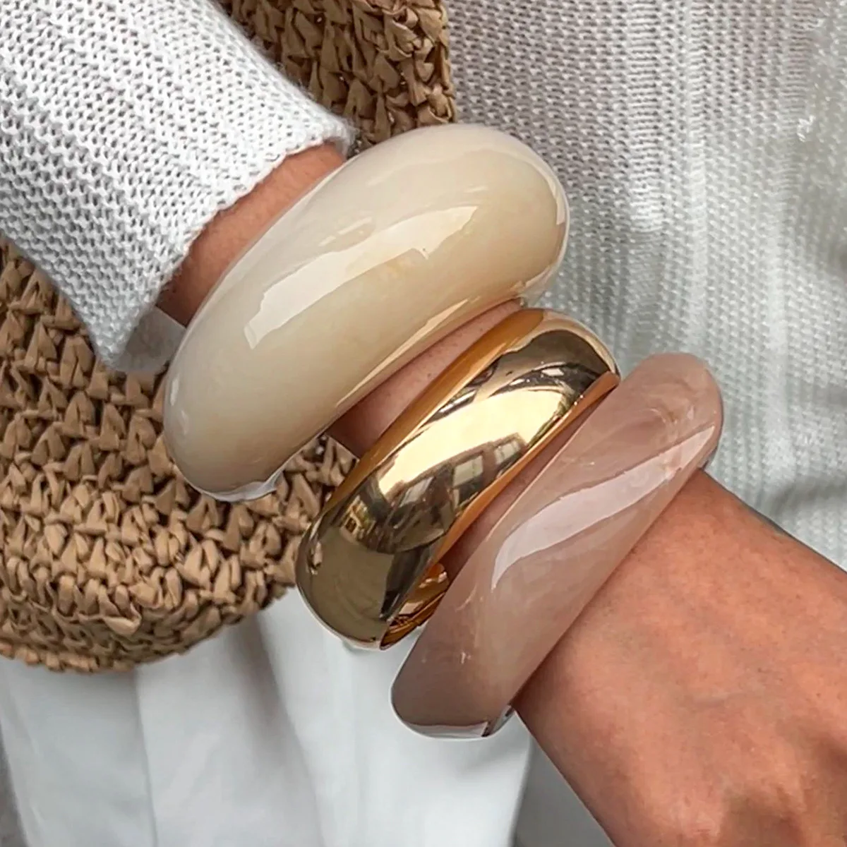 KMVEXO Vintage Punk Beige Khaki Thick Resin Acrylic Smudging Bangles Geometric Irregular Bangle Bracelets For Women Men Jewelry image 3