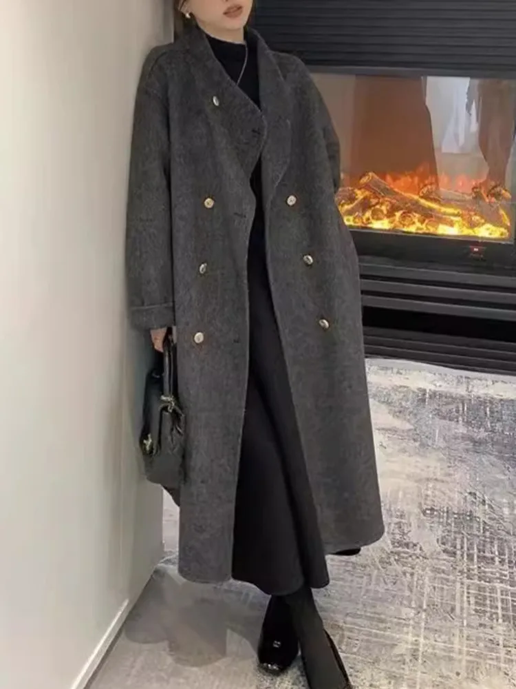 

2025 женская повседневная шерстяная куртка с капюшоном и карманами, короткий дафлкот с застежкой-переключателем, теплая зима