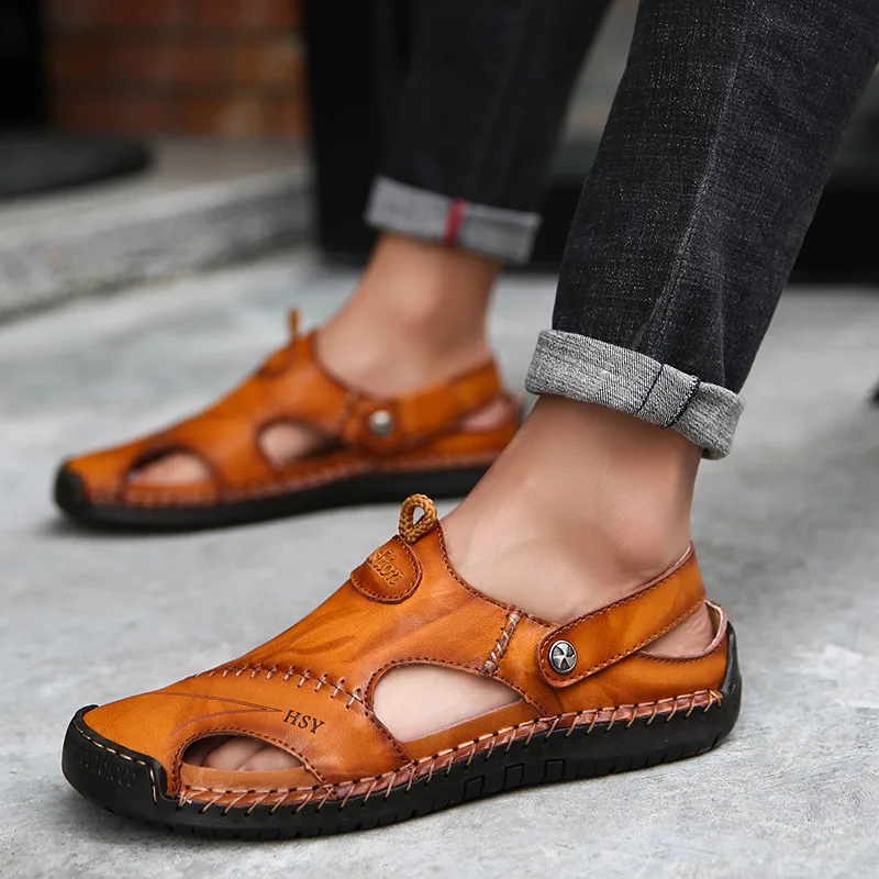 

Men Summer Sandals New Beach Shoes High Quality Men Slippers Outdoor Non-slip Thick-soled Leather Sandals Man Wading Shoes New