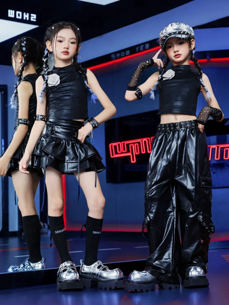 

Kid Hip Hop Clothing Black Mock Neck Flower Crop Tank Top Faux Leather Layered Skirt Cargo Pants for Girl Dance Costume Clothes