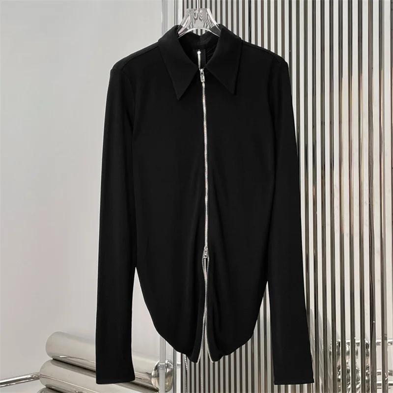 

Women's shirt 2026 Spring new zipper slim fit lapel long sleeved top Artificial silk Women's blouse Irregular wrinkled thin coat