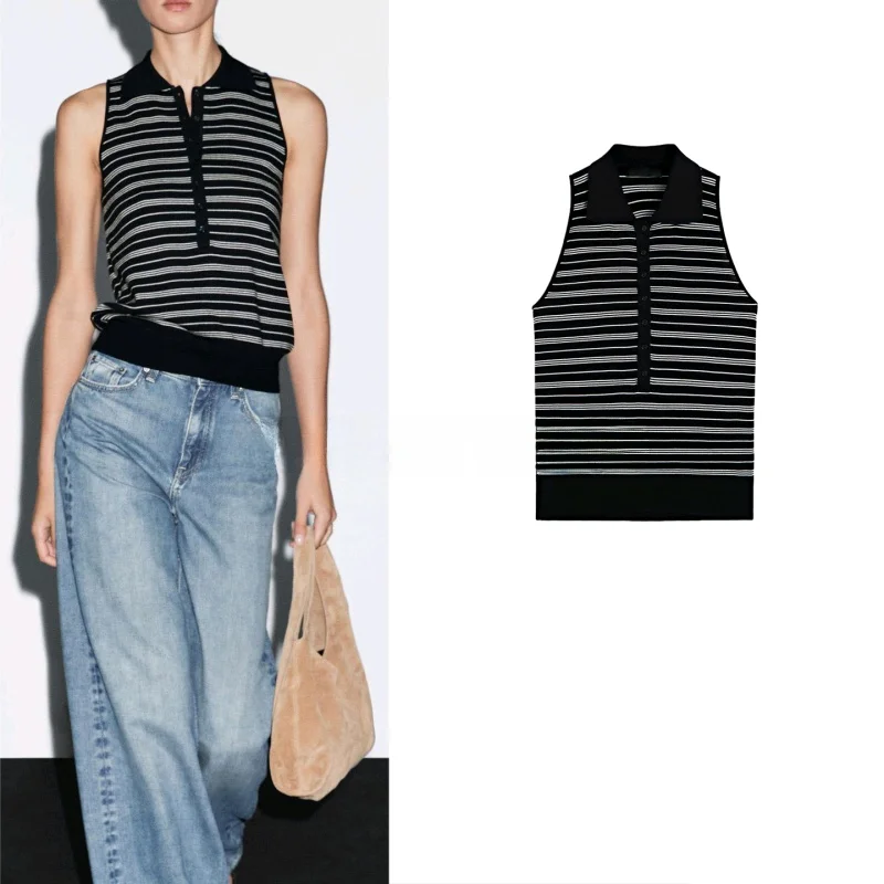 가을 신상 여성용 고지능 센싱 출퇴근용 스트라이프 폴로넥 민소매 티셔츠 탑 캐주얼 스타일 순면 폴리에스터 섬유