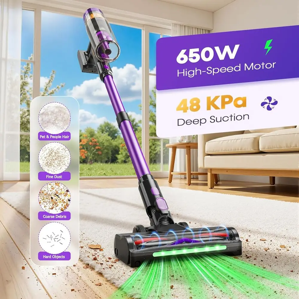 Lightweight 650W 48KPa Cordless Stick Vacuum with LED Display for Home, Ideal for Pet Hair and Carpets