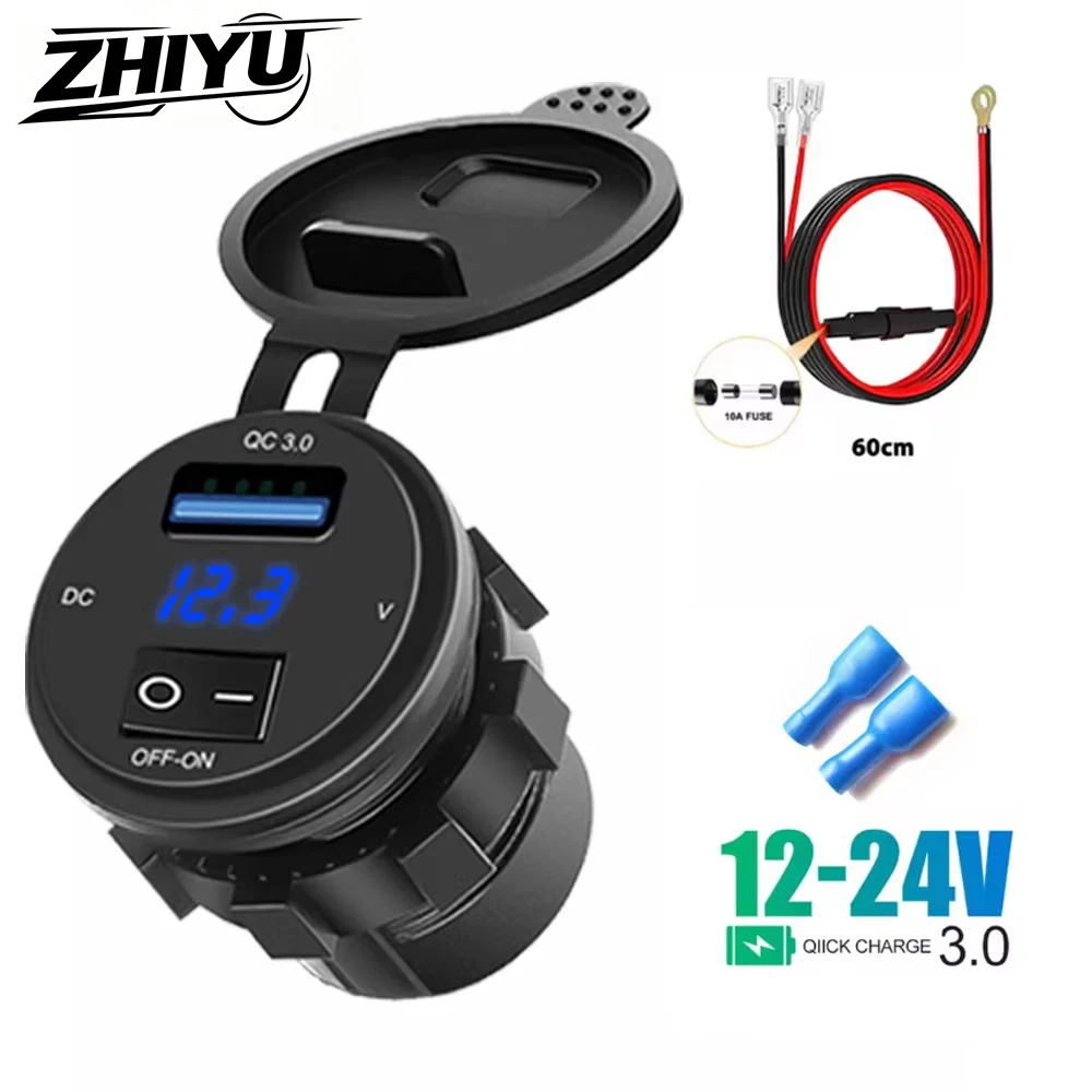 ZHIYU 18W Quick Charger QC3.0 USB Charger With Switch LED Voltage Display Charger Socket 12V 24V For Truck ATV Boat Motorcycle