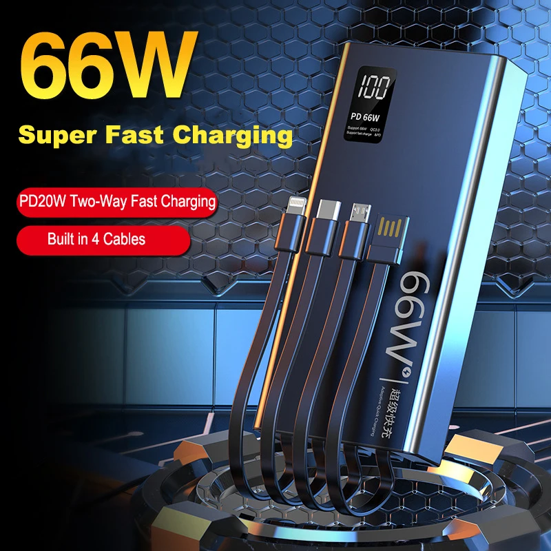 

Power Bank 30000mAh with Cable 66W PD Super Fast Charging Powerbank External Battery for iPhone Huawei Xiaomi Samsung Poverbank