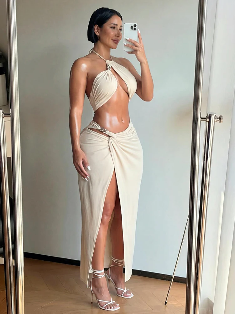

Weird Puss Metal Chain Patchwork 2 Piece Set Woman Halter Off Shoulder Irregular Tank Tops+High Splits Long Skirts Sexy Outfits
