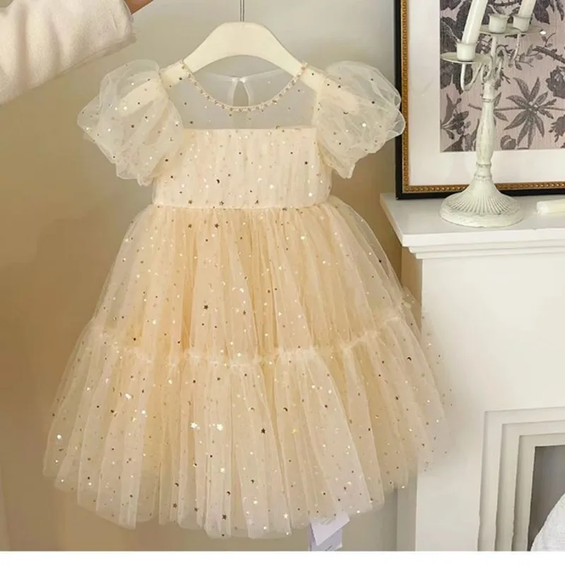New Girls Dress Summer Trendy Bubble Sleeves Fluffy Gauze Exuding Princess Style Kids Dreamy Wedding Flower Girl Gown Dress