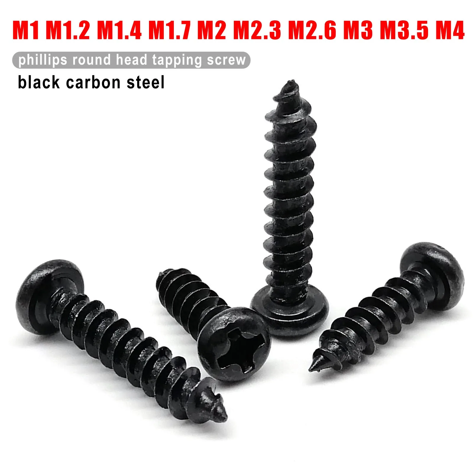 50/100pcs M1 M1.2 M1.4 M1.7 M2 M2.3 M2.6 M3 M3.5 M4 Black Steel Small Phillips Pan Head Cross Round Head Self-tapping Wood Screw