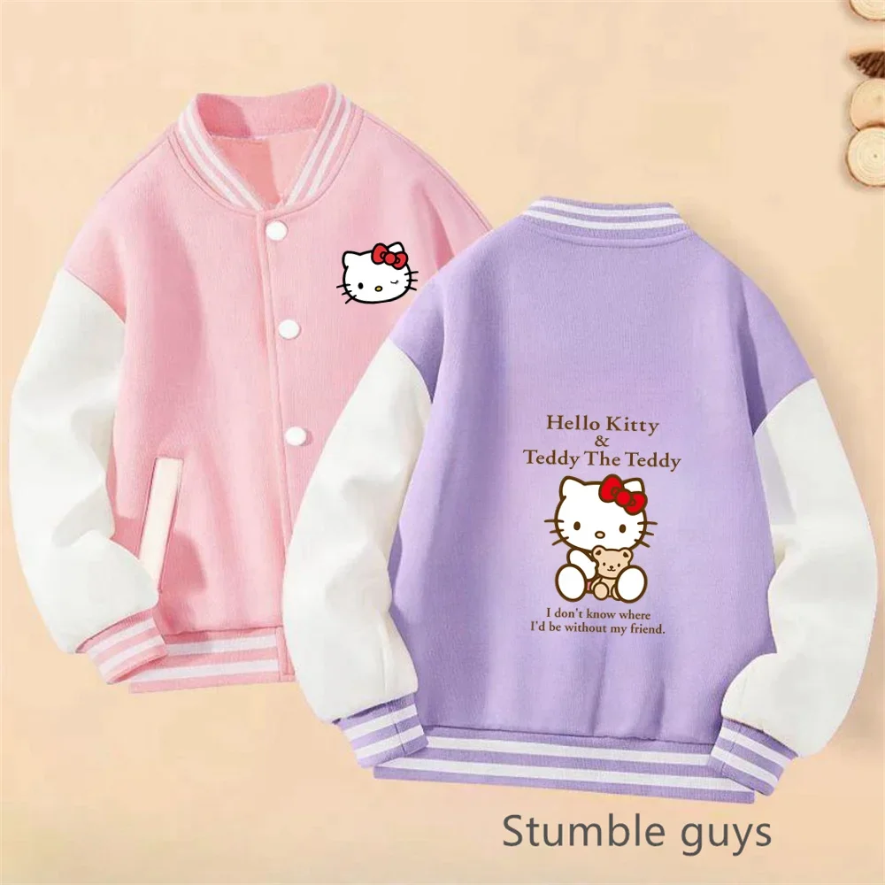 Kawaii Anime Hello Kitty Cute Cartoon Boys Clothes Girls Baseball Uniform Spring Autumn Hoodies Kids Tops Pokemoned Jacket