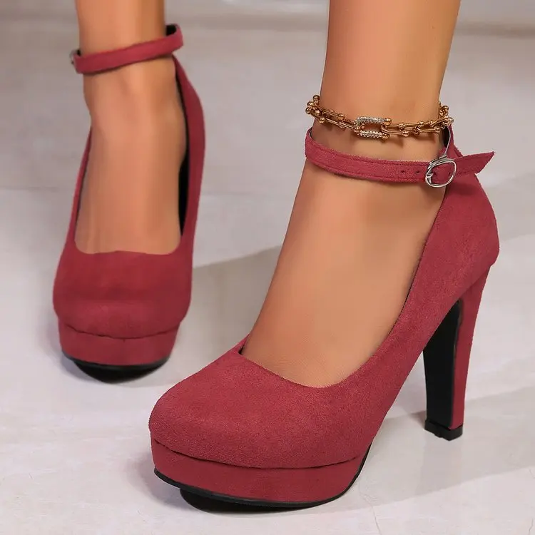 High Heels Women Europe and The United States Suede Thick Heel Buckle Waterproof Platform 34-42 Size Single Shoes