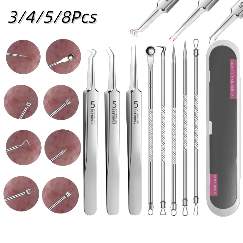 3/4/5/8 قطعة الفولاذ المقاوم للصدأ حب الشباب الإبر المسام أدوات تنظيف مزيل الرؤوس السوداء أدوات المهنية العناية بالوجه أدوات الجمال نظيفة