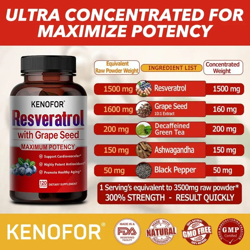 Resveratrol with Grape Seed Extract - Antioxidant Supplement - Helps Support Skin Health, Overall Health and Metabolism