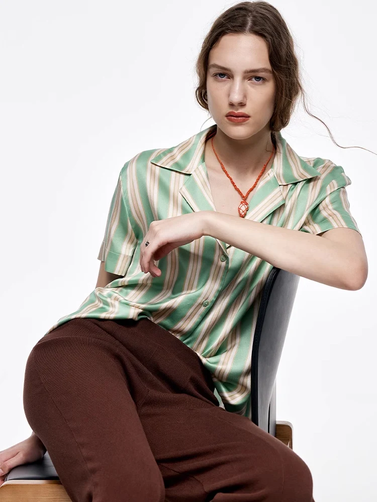 SuyaDream, Women Striped Shirts, 100%Real Silk, Short Sleeves,  Notch Collar Green Blouses, 2024 Spring Summer Chic Top