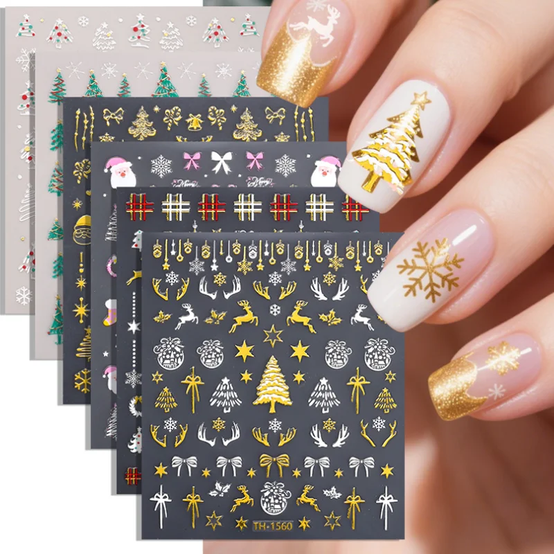 DIY Christmas Nail Stickers 3D Gold Glitter Christmas Tree Santa Claus Adhesive Nail Decals Decorations Press On Nails