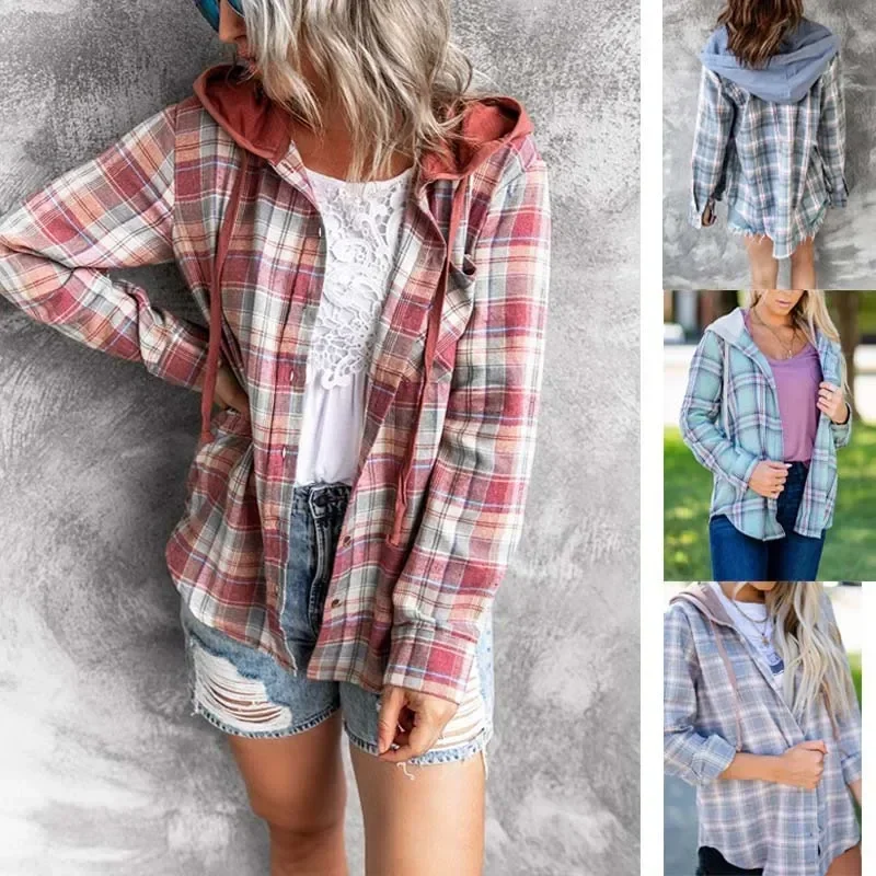2026 New Fashion Women Casual Autumn Plaid Long Sleeve Hooded Button Up Shirt Female Ladies Loose Checkered Shirt For Women