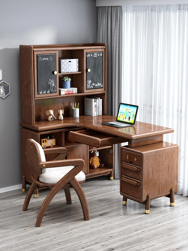 New Chinese Style Solid Wood Corner Children's Desk Bookshelf Integrated Walnut Writing Desk Computer Desktop Home Study Table