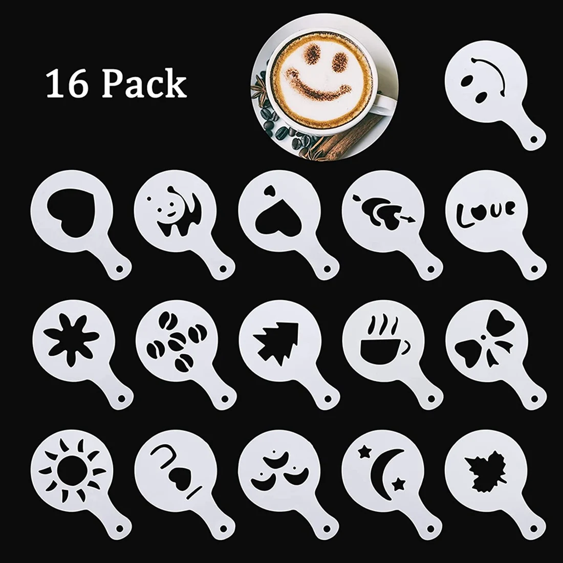 

coffee accessories Cocoa Shaker Coffee Powder Shaker 16 Pcs Coffee Cappuccino Stencils & Barista