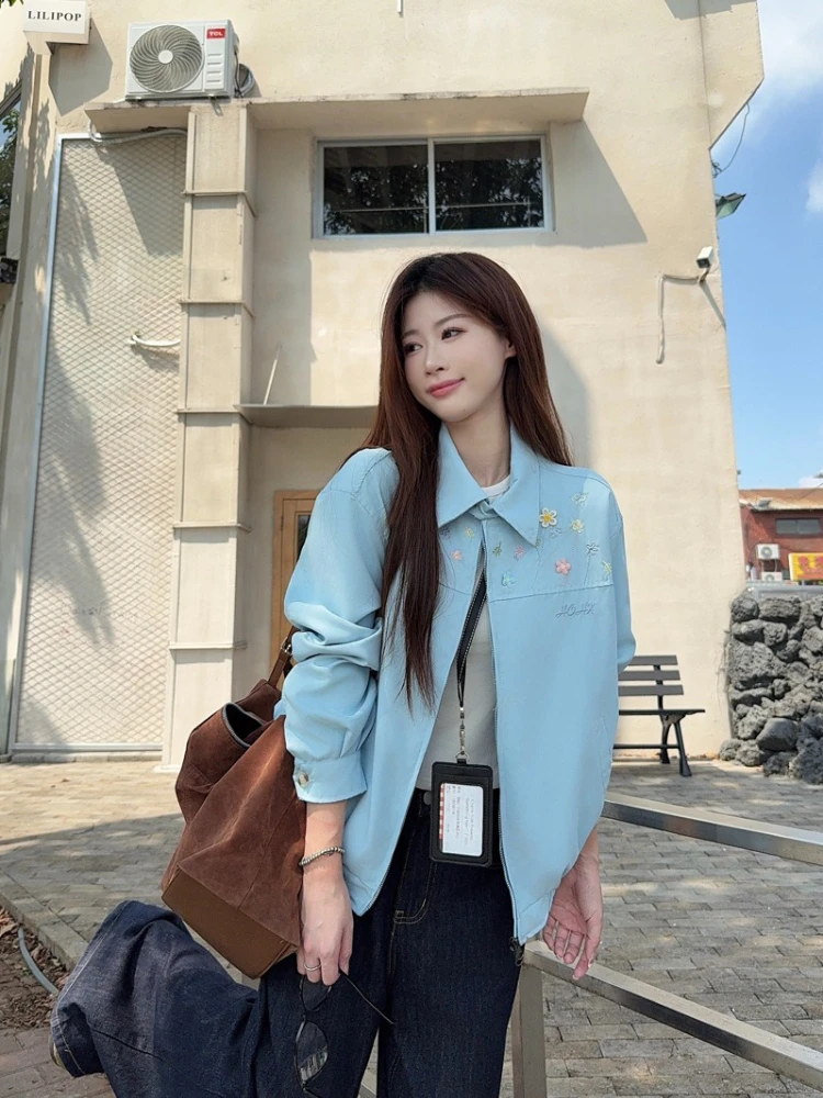 Korean Vintage Floral Embroidery Short Jacket Women Autumn Casual Retro Style Loose Fit Turn Down Collar Fashionable Outerwear