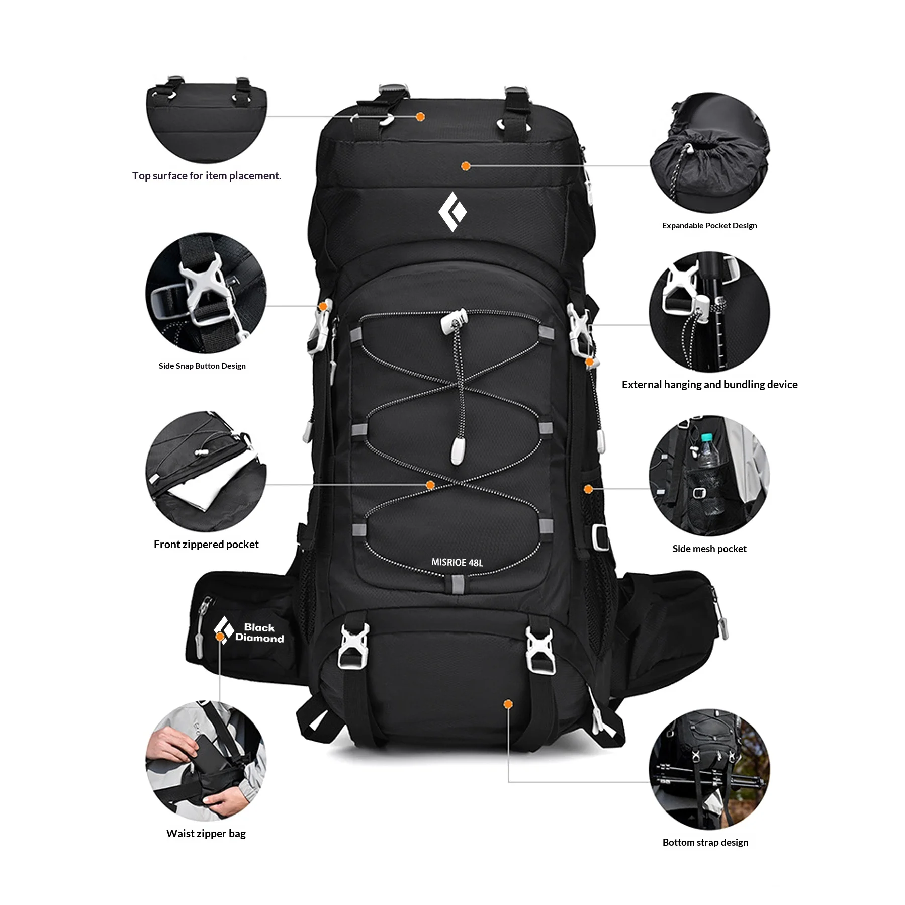 Black Diamond Multifunktionale Bergsteigertasche 48L Große Kapazität Reise-Bergsteigertasche Wasserdicht – Detail 18