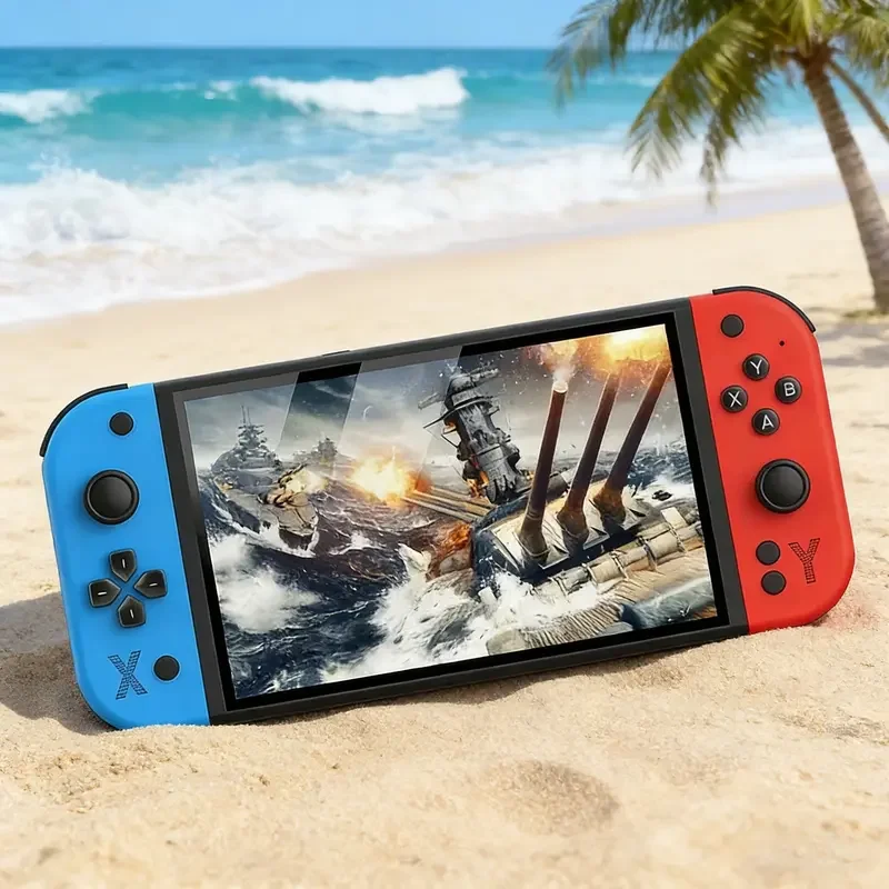 G90 gaming console, portable handheld gaming device, dual joystick, 7-inch IPS display screen, USB-C charging, rechargeable port