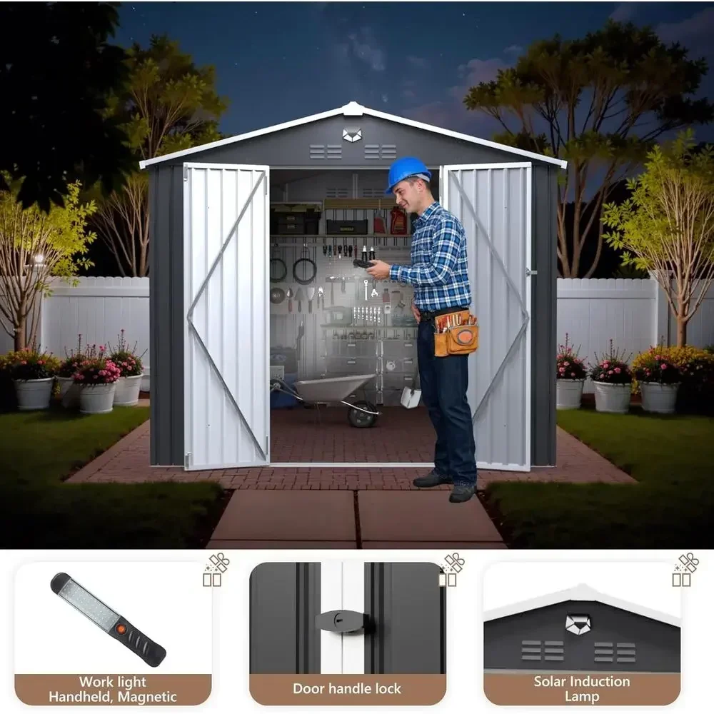 Durable 10x12 Outdoor Metal Storage Shed with Lockable Door - Waterproof, Ideal for Garden Tools and Patio Storage (Black, Floor