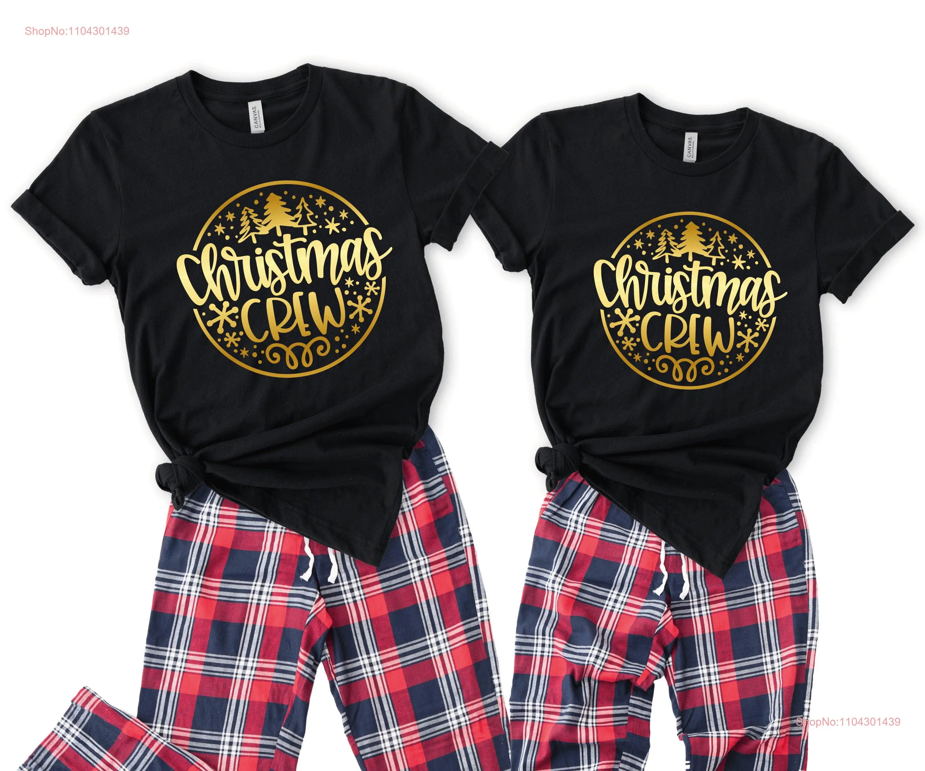 Family matching Tartan Lounge Pants Pyjama set with Personalised Christmas Desig in the T shirtMerry and Tree crew shirt