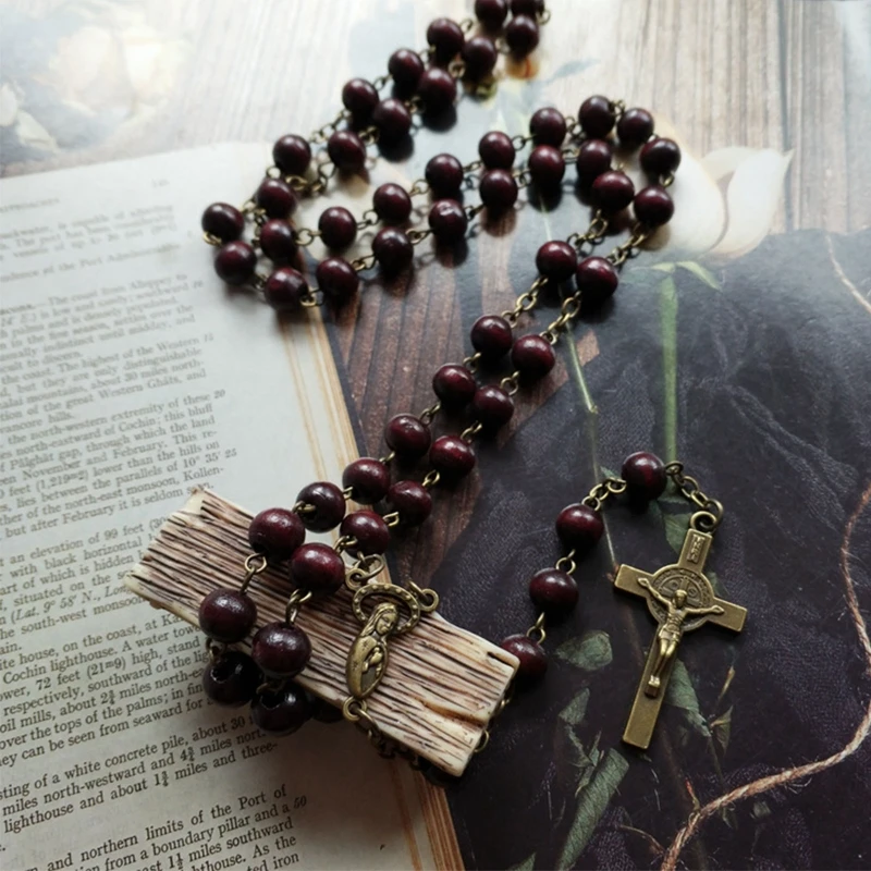 Long Wooden Catholic Rosary Bead Necklace Crucifix for Cross Chain for Women Men