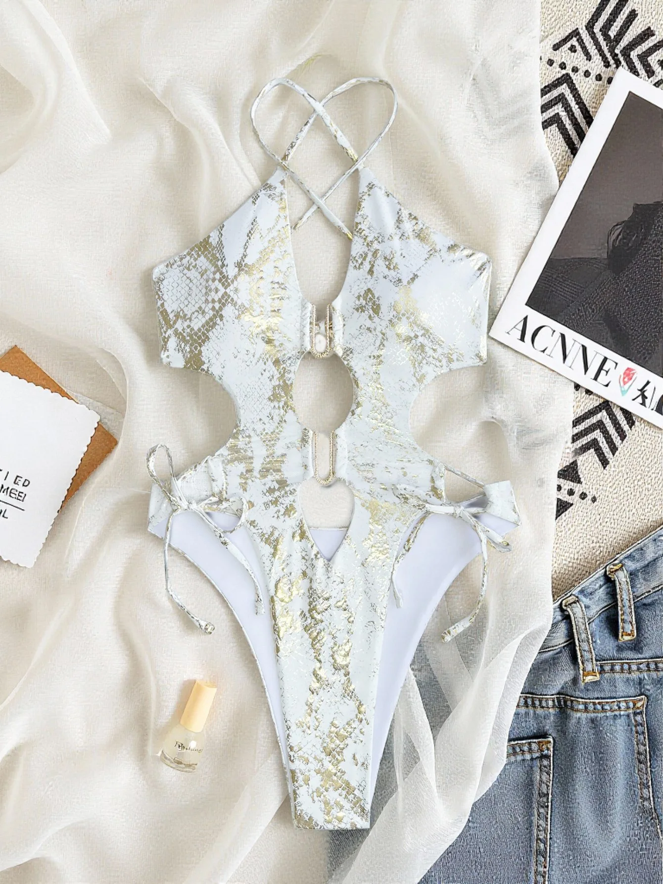 

Сексуальные металлические купальники с принтом под змеиную кожу, цельные купальники с вырезами и завязками, пляжная одежда, боди, танкини.