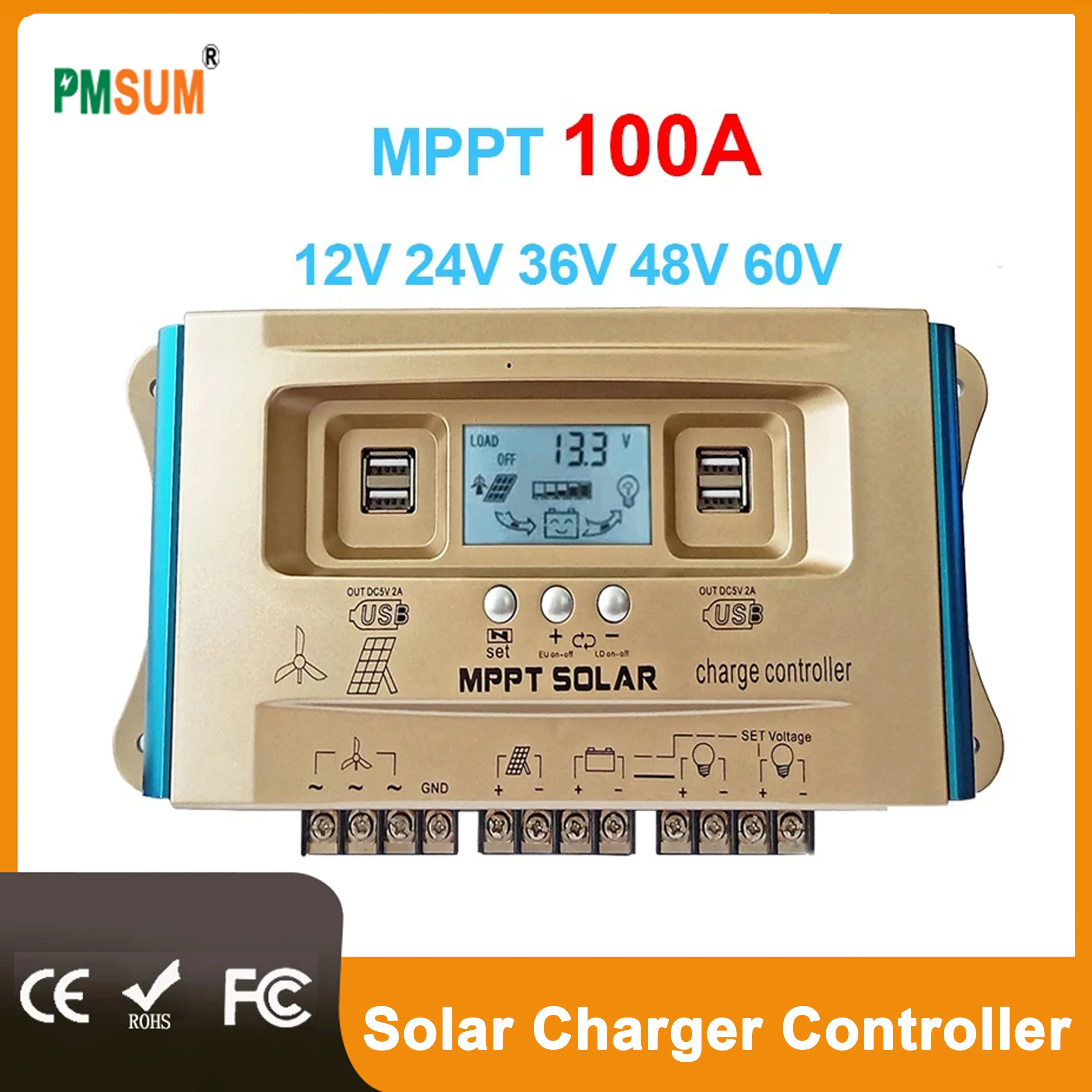 

100A Wind Solar Hybrid Controller MPPT LCD Dual USB 12V 24V 36V 48V 60V Battery Charging Regulator