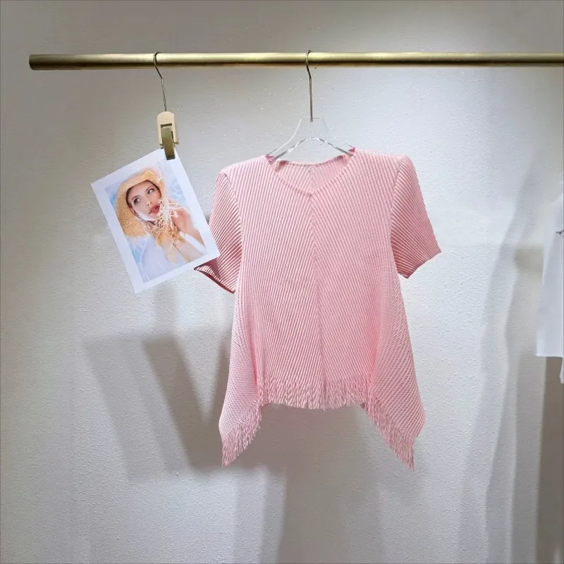 2026 Summer New Miyake Pleated T-Shirt 2026 Summer New Fringed Short Sleeve Solid Color Round Neck Slim Fish Scale Pleats Top