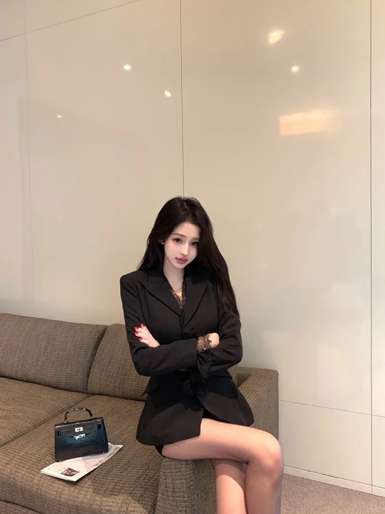 

Весенняя новинка: Женский приталенный костюм с кружевными вставками, V-образным вырезом и длинными рукавами. Элегантная деловая одежда в западном стиле.