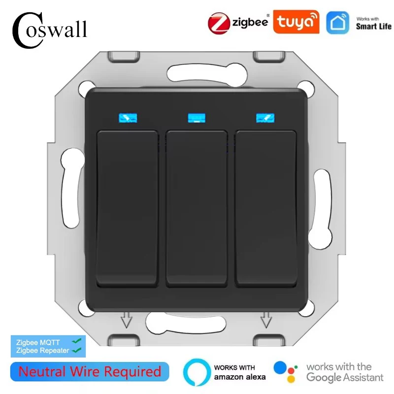 COSWALL Zigbee Tuya Smart Wall Switch 3 Gang Power Switch Alice DIY Module Black White