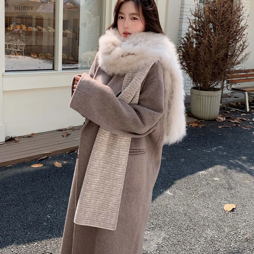

2025 новый высококачественный шарф из лисьего меха, женский зимний теплый удлиненный шерстяной платок двойного назначения, шарф из натурального меха