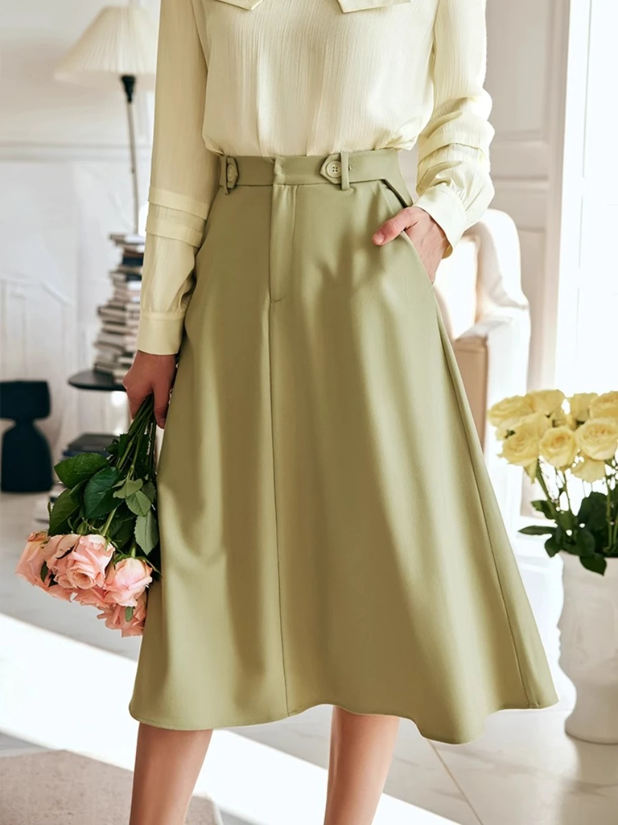 

OLrain Women Summer Skirt 2025 French Fads Commute Green Style Skirts High Waist Medium Long A-shaped Umbrella Skirts O23XB68868