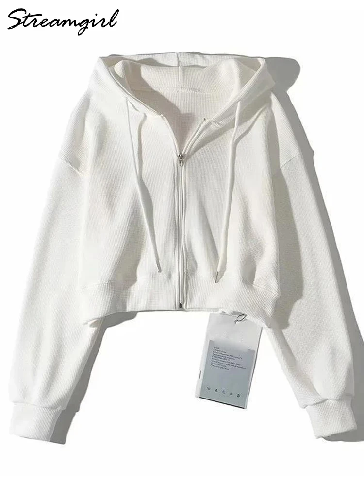 Streamgirl White Short Hoodies Women With Zipper Baggy Vintage Sweatshirt Full Zipper Jacket Womens 2023 Autumn Women Sweatshirt